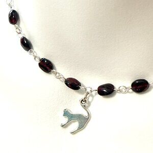 Genuine Garnet Short Necklace, Natural Gemstone w/ Slim Cat Pendant